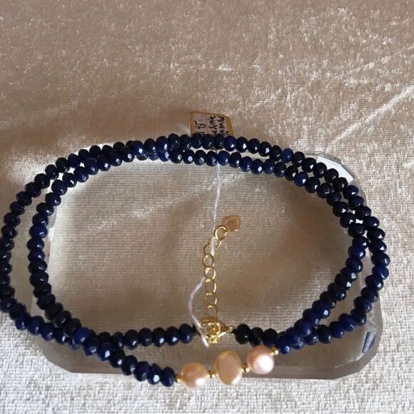 Beaded Blue Sapphire & Pink South Sea Pearl Necklace YGP 14-15g 70-75 Ctw - Picture 10 of 10